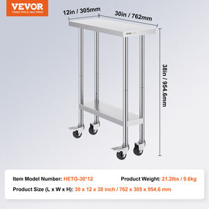 Stainless Steel Work Table | 30x12x38" Food Prep Table with 4 Wheels | Adjustable Height Levels for Commercial Kitchen
