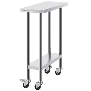 Stainless Steel Work Table | 30x12x38" Food Prep Table with 4 Wheels | Adjustable Height Levels for Commercial Kitchen