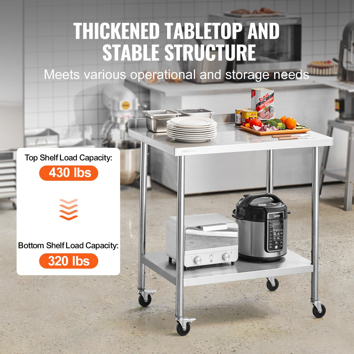 Stainless Steel Work Table 24x36x40 Inch | Commercial Prep Table with Casters & Adjustable Height | For Restaurant, Home & Hotel