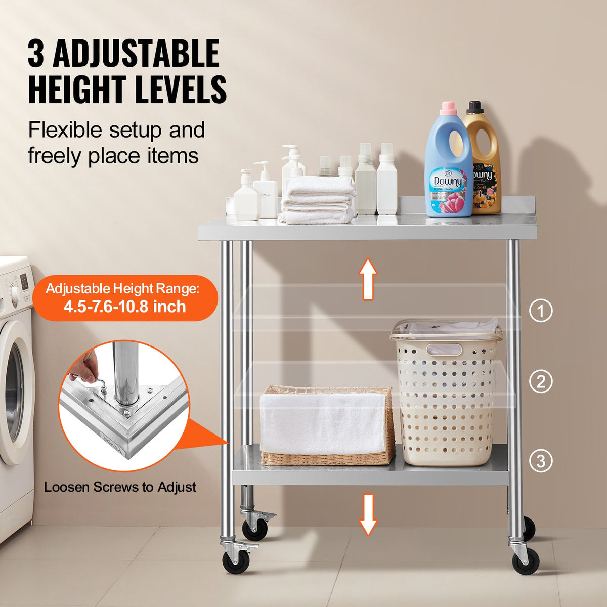 Stainless Steel Work Table 24x36x40 Inch | Commercial Prep Table with Casters & Adjustable Height | For Restaurant, Home & Hotel