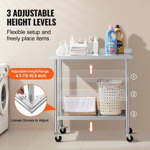 Stainless Steel Work Table 24x36x40 Inch | Commercial Prep Table with Casters & Adjustable Height | For Restaurant, Home & Hotel