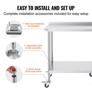 Stainless Steel Work Table 24x36x40 Inch | Commercial Prep Table with Casters & Adjustable Height | For Restaurant, Home & Hotel