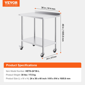 Stainless Steel Work Table 24x36x40 Inch | Commercial Prep Table with Casters & Adjustable Height | For Restaurant, Home & Hotel