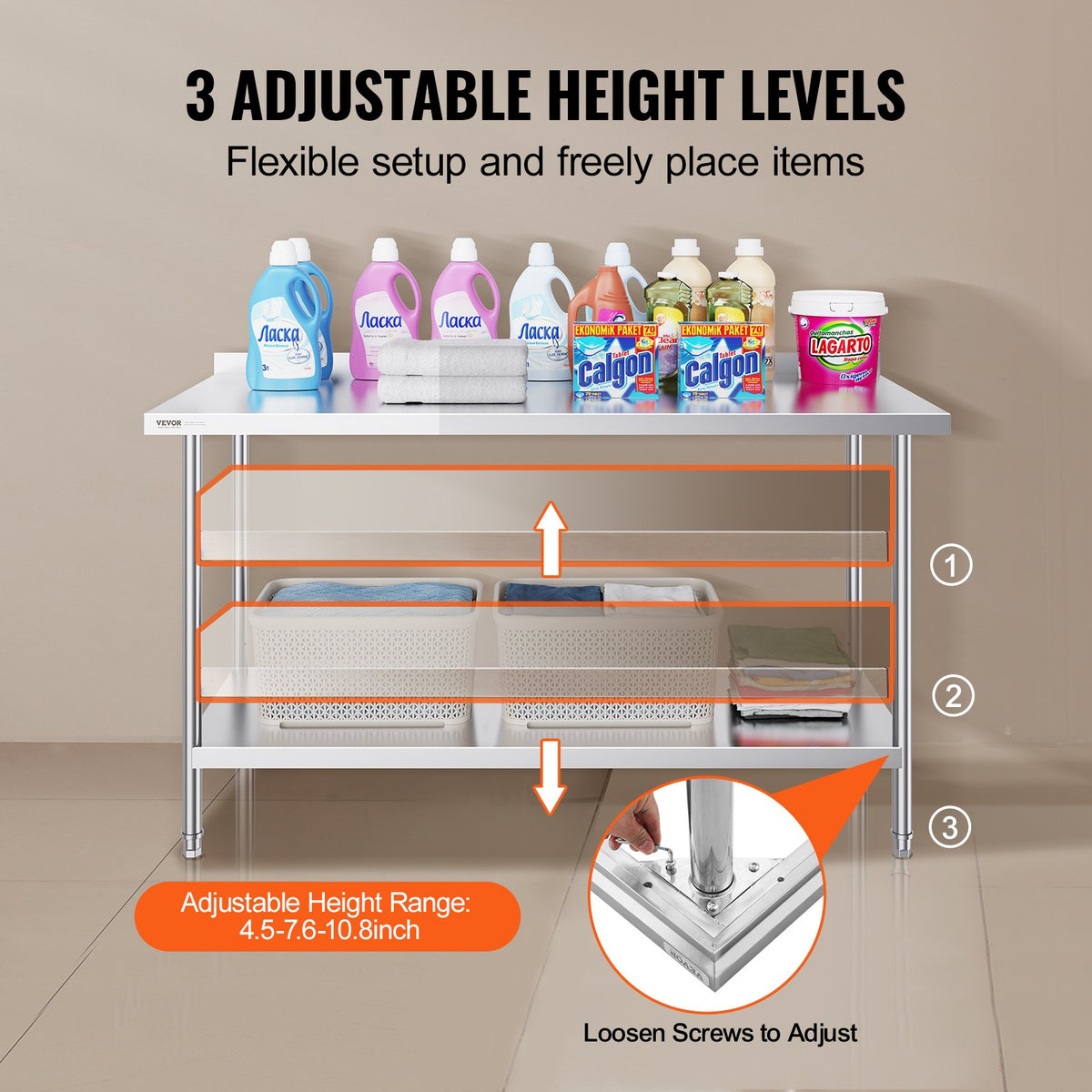 Stainless Steel Work Table 24x60x36 Inch | Commercial Food Prep Table | Heavy Duty Adjustable Height | For Restaurant, Home & Hotel Kitchens