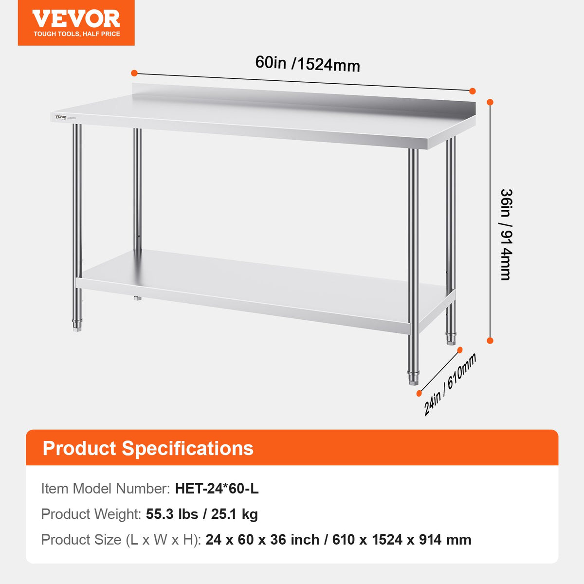 Stainless Steel Work Table 24x60x36 Inch | Commercial Food Prep Table | Heavy Duty Adjustable Height | For Restaurant, Home & Hotel Kitchens