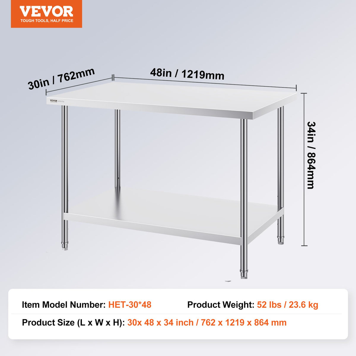 Stainless Steel Prep Table | 30x48x34" Adjustable Height | Commercial Kitchen & Garage Workstation