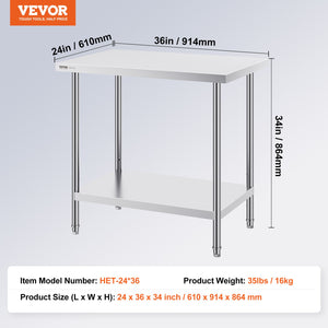 Stainless Steel Prep Table | 24x36x34" Adjustable Height | Commercial Work Table for Kitchen & Garage