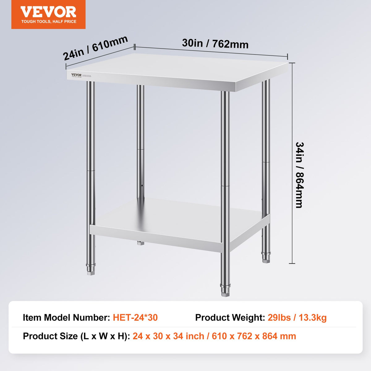 Stainless Steel Prep Table | 24x30x34" Adjustable Height | Heavy Duty Kitchen Workstation