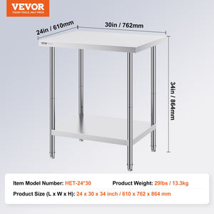 Stainless Steel Prep Table | 24x30x34" Adjustable Height | Heavy Duty Kitchen Workstation