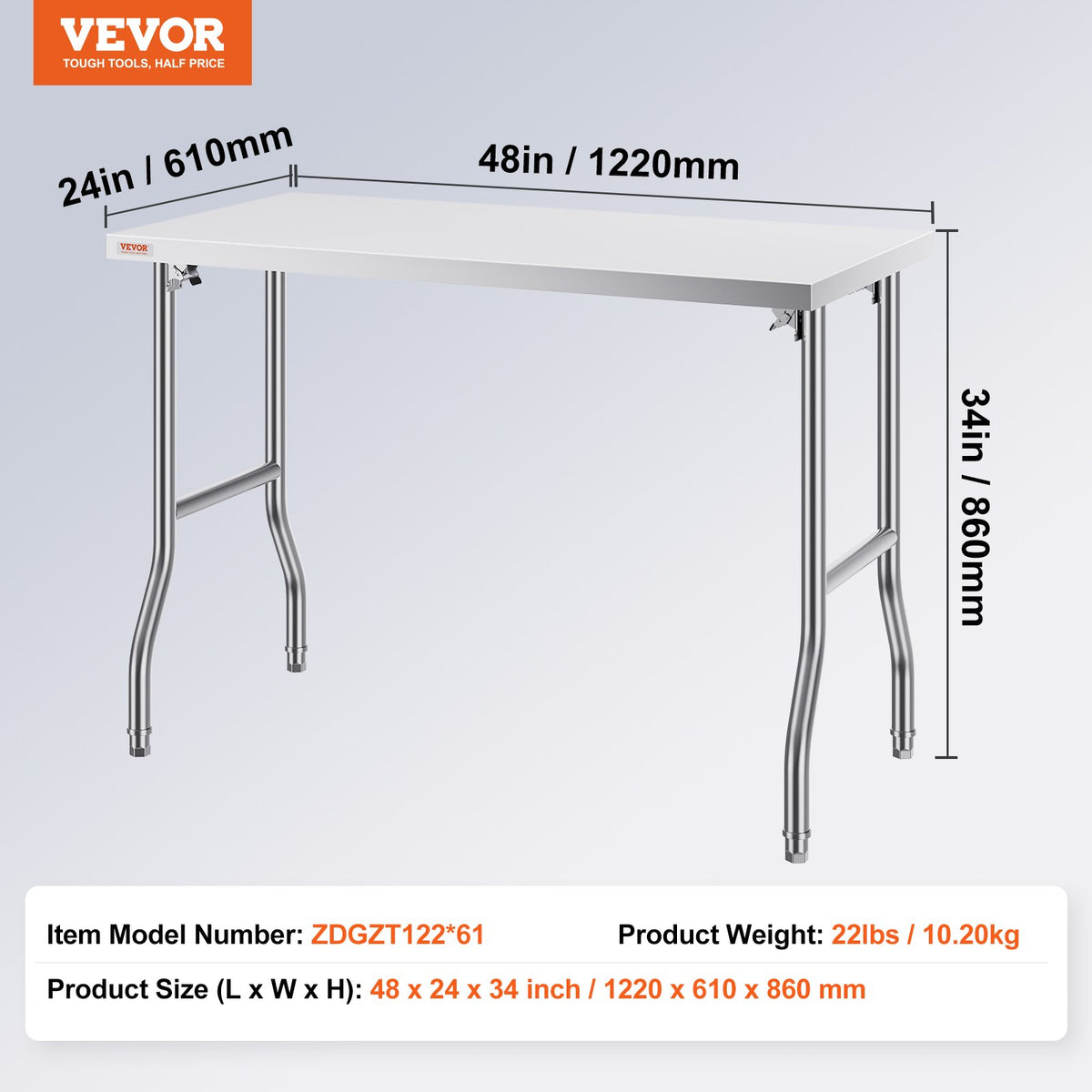 Stainless Steel Kitchen Bench | Folding Commercial Prep Table 1220x610mm