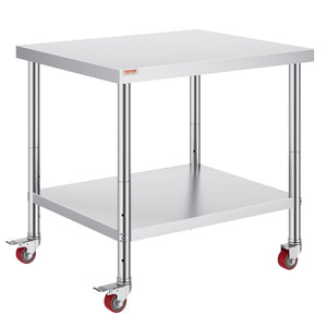 Stainless Steel Work Table | 30x36x34" Commercial Prep Table with Wheels | Adjustable Shelf & Brakes