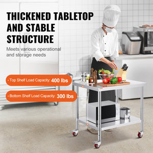Stainless Steel Work Table | 30x36x34" Commercial Prep Table with Wheels | Adjustable Shelf & Brakes
