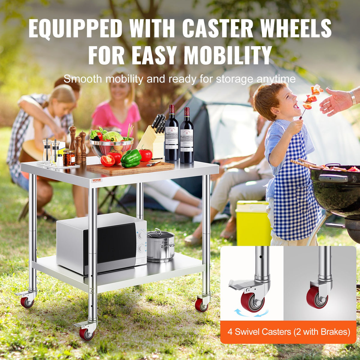 Stainless Steel Work Table | 30x36x34" Commercial Prep Table with Wheels | Adjustable Shelf & Brakes
