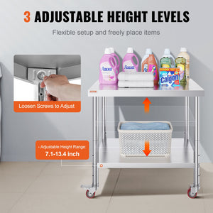 Stainless Steel Work Table | 30x36x34" Commercial Prep Table with Wheels | Adjustable Shelf & Brakes