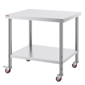 Stainless Steel Work Table | 30x36x34" Commercial Prep Table with Wheels | Adjustable Shelf & Brakes