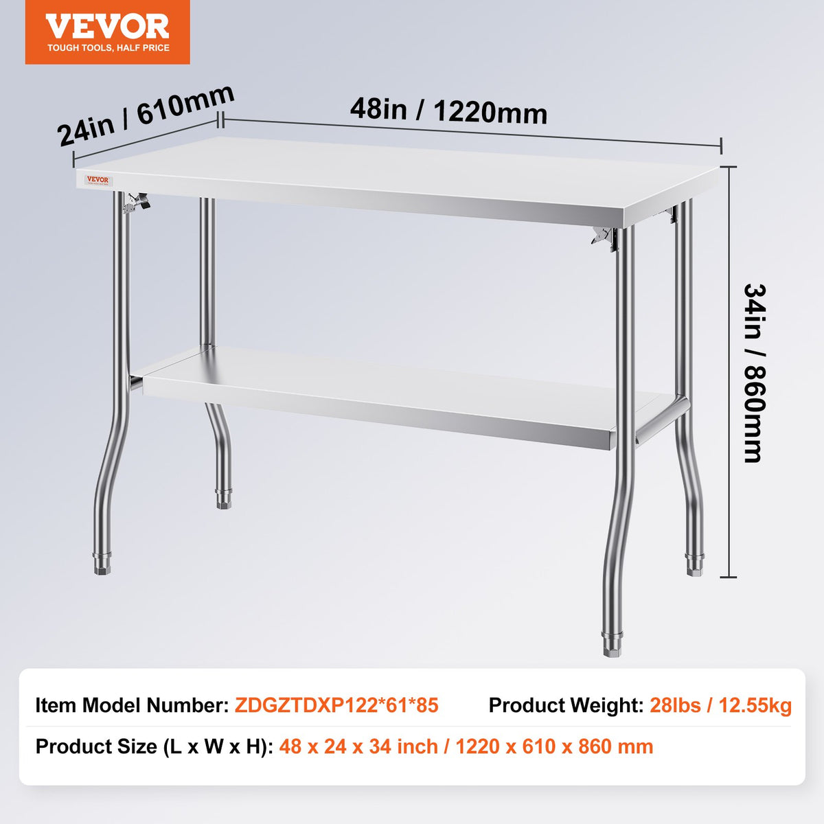 Folding Commercial Worktable | 1220x610mm Prep Station | Stainless Steel
