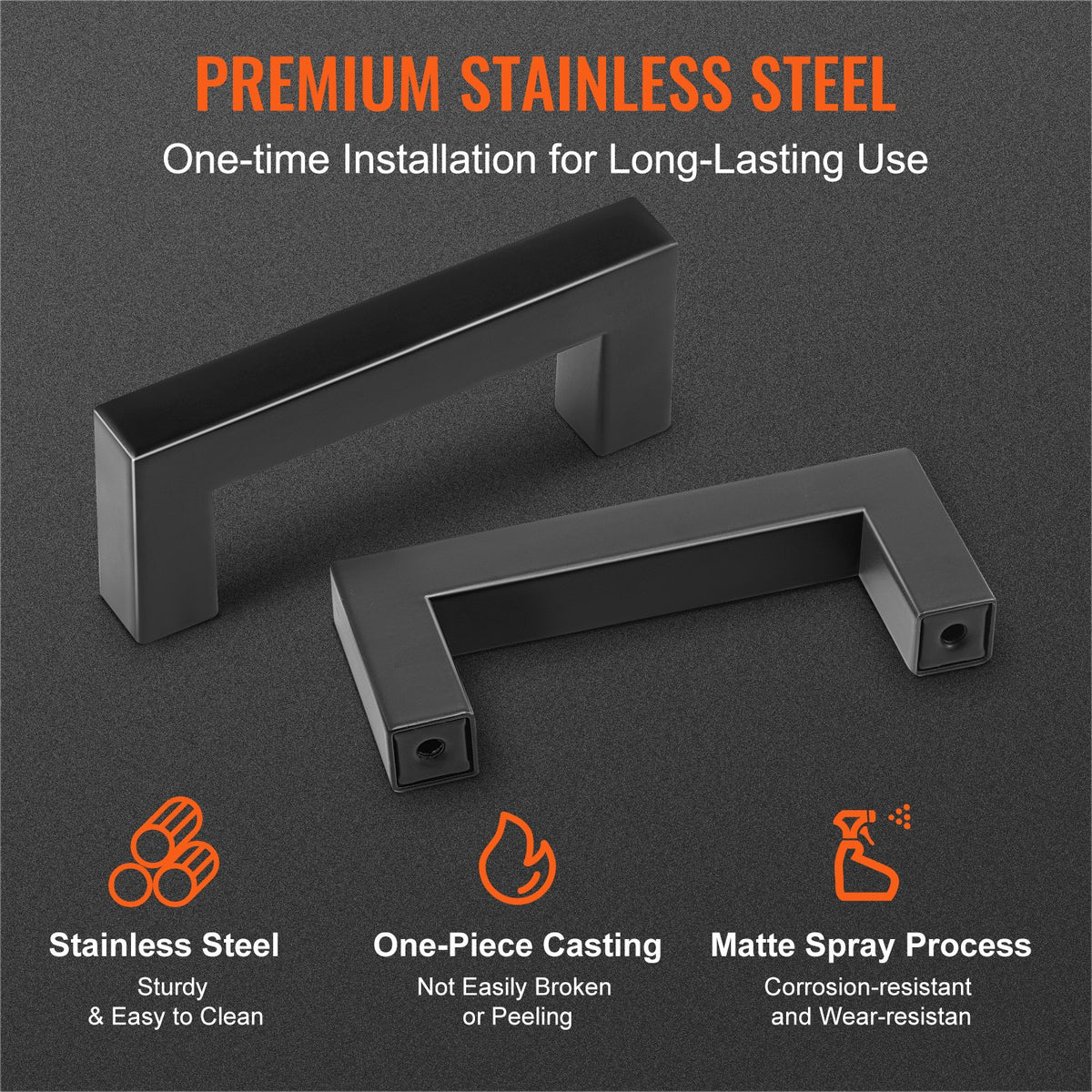 Cabinet Pulls 10 Pack | 3in / 76mm Centre Slim Square Stainless Steel Drawer Handles | Modern Kitchen Cupboard Door Hardware | Matte Black
