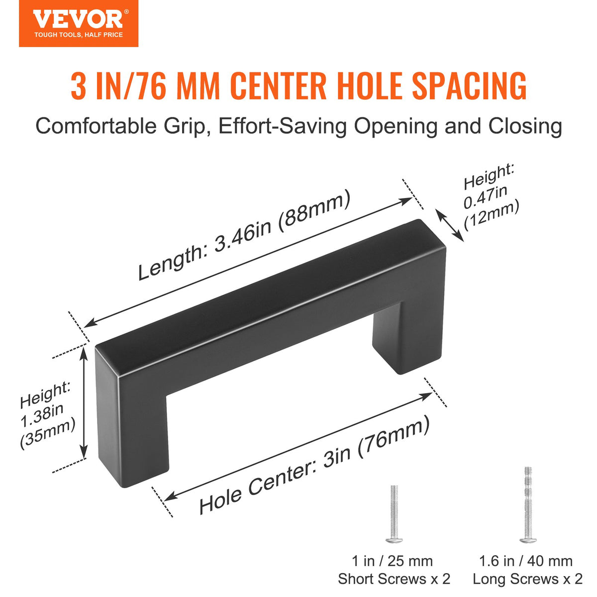 Cabinet Pulls 30 Pack | 3in / 76mm Centre Slim Square Stainless Steel Drawer Handles | Modern Kitchen Cupboard Door Hardware | Matte Black
