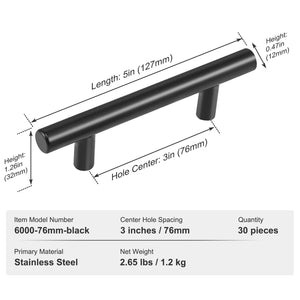 Cabinet Pulls 30 Pack | 3" / 76mm Center-to-Center Stainless Steel Handles | Matte Black Finish