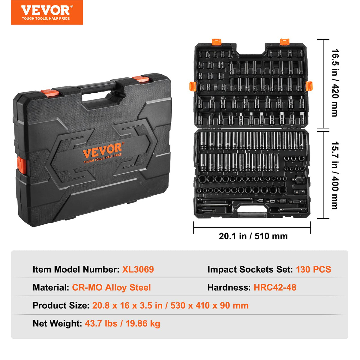Impact Socket Set | 130-Piece 6-Point 3/8" & 1/2" Drive with Ratchet & Tool Case