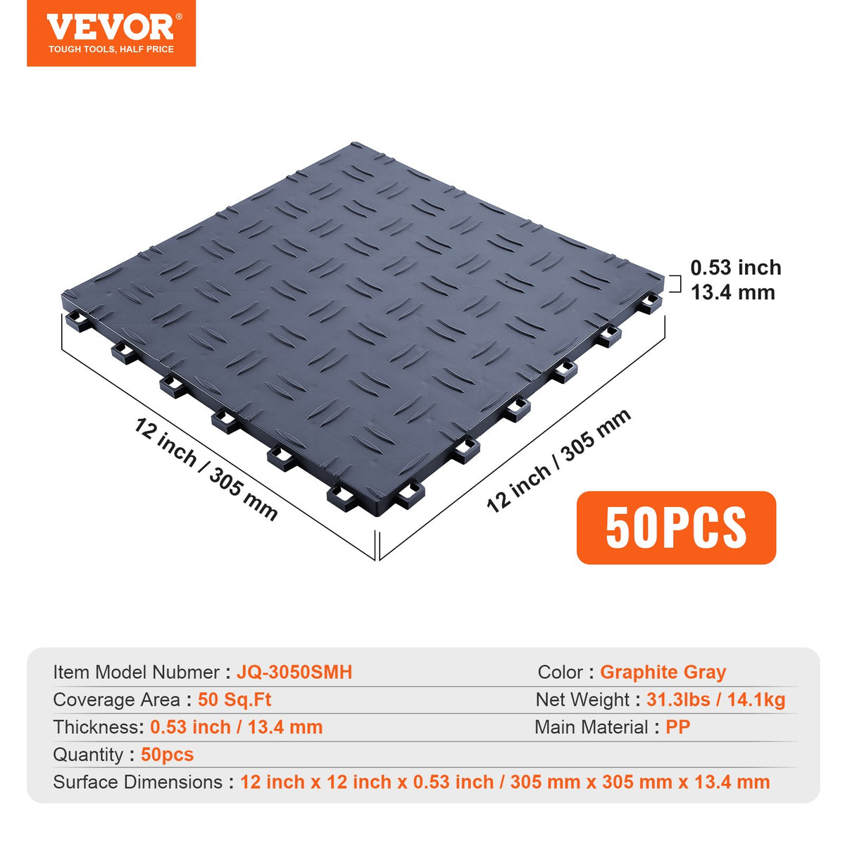 Garage Floor Tiles 50 Pack | 12"x12"x0.53" Interlocking Graphite Gray Non-Slip Tiles