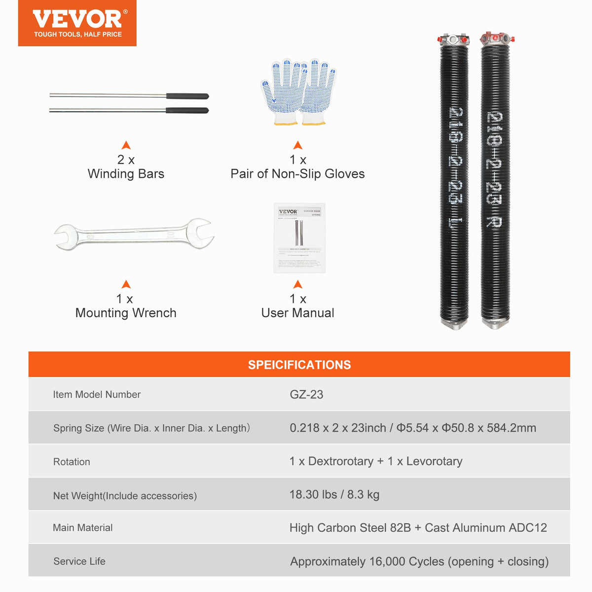 Garage Door Torsion Springs | Pair 0.218x2x23" with Winding Bars