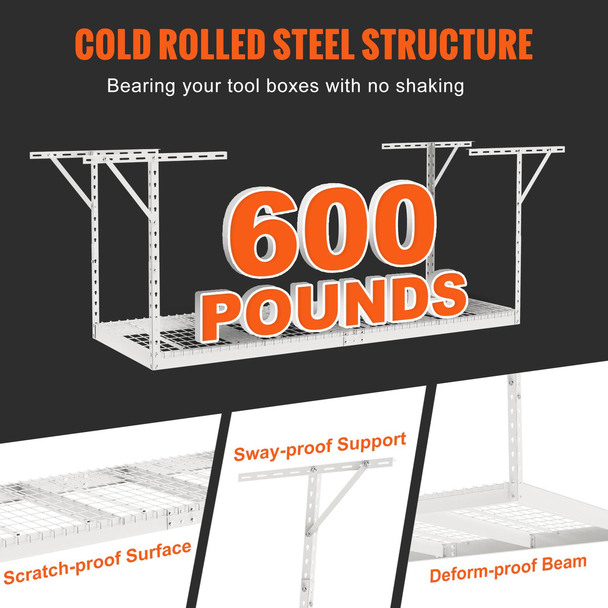 Overhead Garage Storage Rack 91.44x243.84cm | Adjustable Ceiling Mounted Cold Rolled Steel Shelf | 272kg Capacity | 22"-40" Height | White