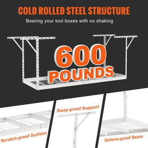 Overhead Garage Storage Rack 91.44x243.84cm | Adjustable Ceiling Mounted Cold Rolled Steel Shelf | 272kg Capacity | 22"-40" Height | White