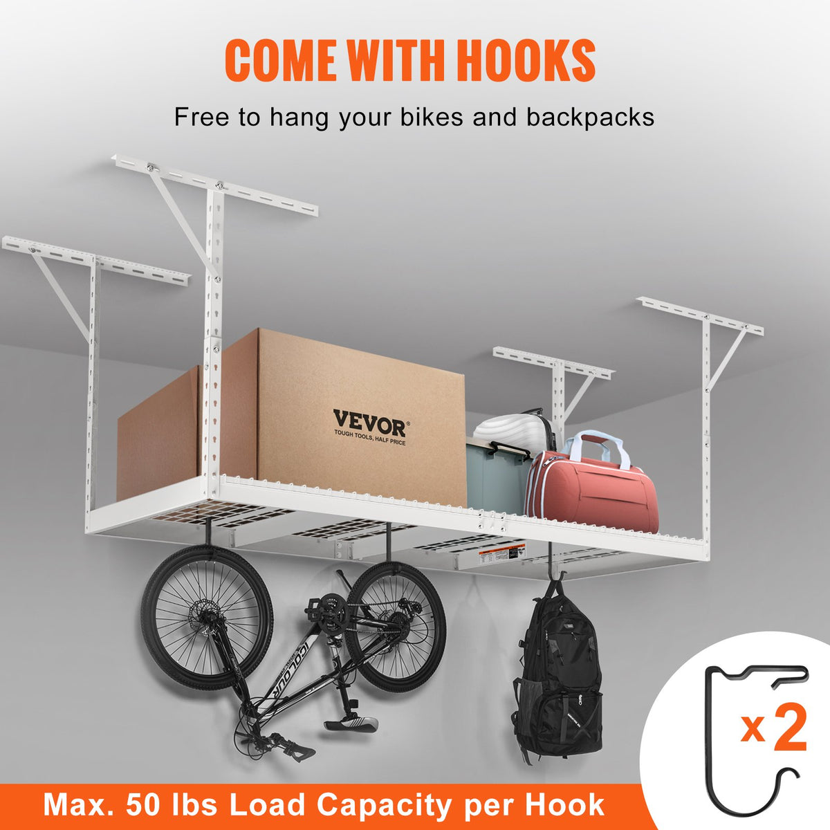 Overhead Garage Storage Rack 91.44x243.84cm | Adjustable Ceiling Mounted Cold Rolled Steel Shelf | 272kg Capacity | 22"-40" Height | White