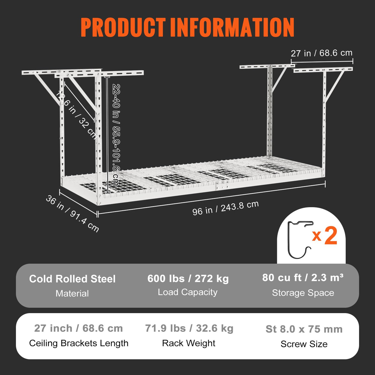 Overhead Garage Storage Rack 91.44x243.84cm | Adjustable Ceiling Mounted Cold Rolled Steel Shelf | 272kg Capacity | 22"-40" Height | White