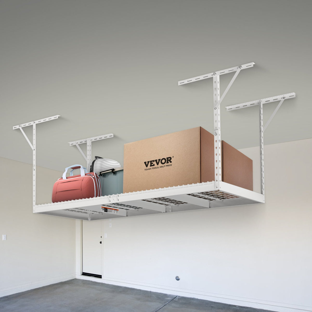 Overhead Garage Storage Rack 91.44x243.84cm | Adjustable Ceiling Mounted Cold Rolled Steel Shelf | 272kg Capacity | 22"-40" Height | White