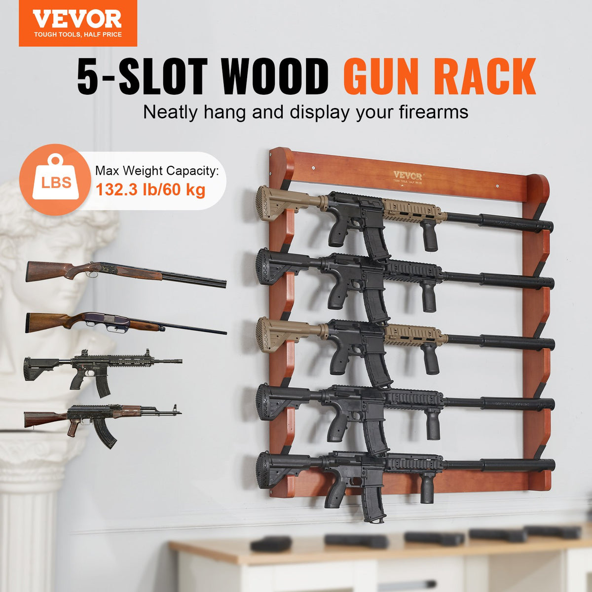 Wooden Gun Rack | Wall Mount Holds 5 Rifles or Shotguns | Heavy Duty Display Storage with Soft Padding