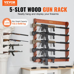 Wooden Gun Rack | Wall Mount Holds 5 Rifles or Shotguns | Heavy Duty Display Storage with Soft Padding