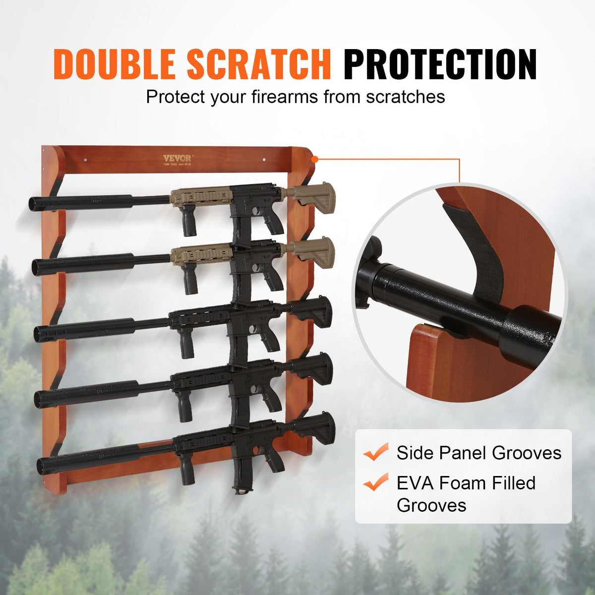 Wooden Gun Rack | Wall Mount Holds 5 Rifles or Shotguns | Heavy Duty Display Storage with Soft Padding