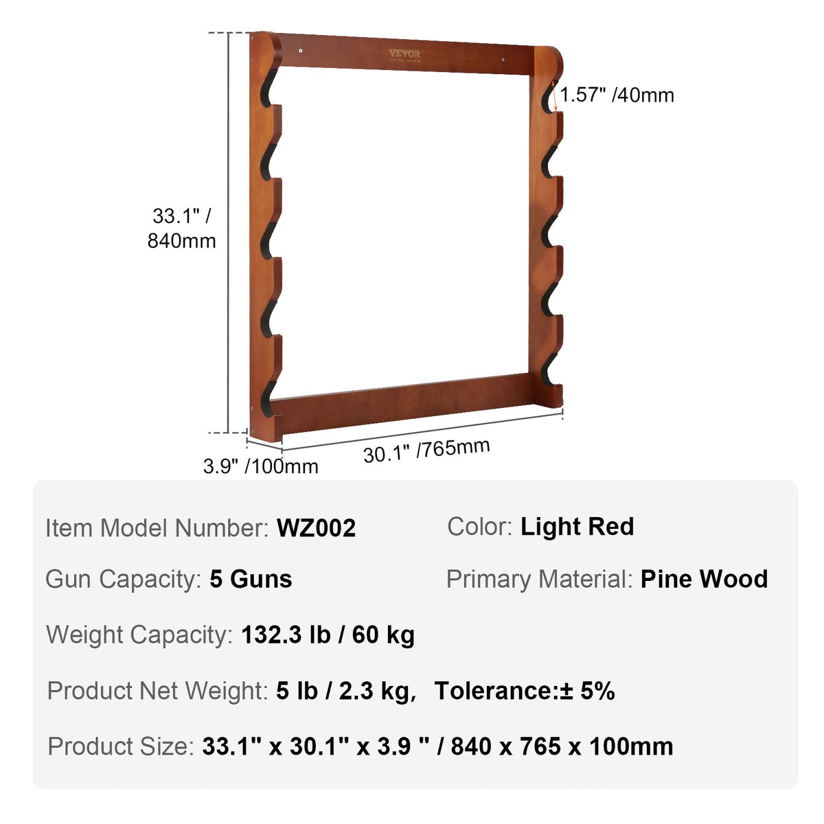 Wooden Gun Rack | Wall Mount Holds 5 Rifles or Shotguns | Heavy Duty Display Storage with Soft Padding