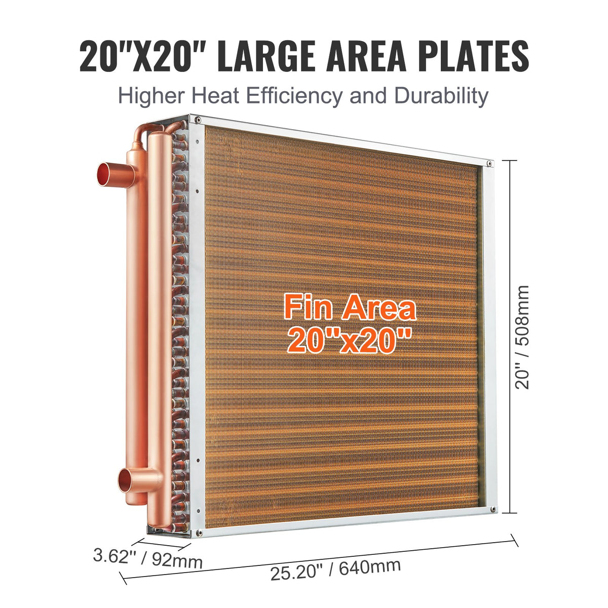 Heat Exchanger | 20"x20" Water to Air 3-Row Copper Coil | 3/8" Ports & 242 Fins for HVAC Systems