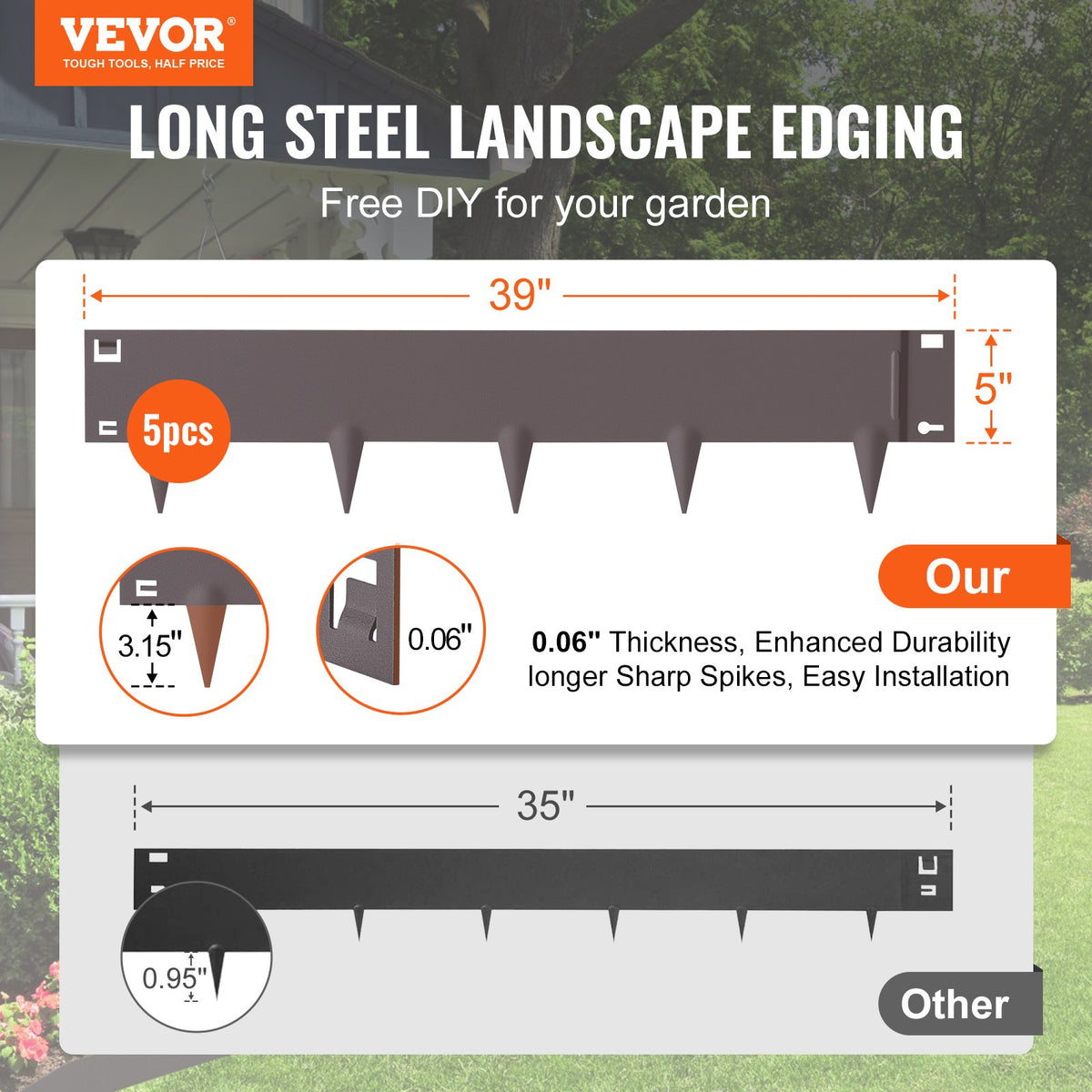 Steel Landscape Edging 5 Pack | 39" L x 5" H Bendable Garden Borders | Hammer-In Metal Edging with 3.15" Spikes | Rustic Brown