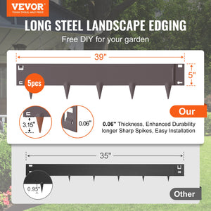 Steel Landscape Edging 5 Pack | 39" L x 5" H Bendable Garden Borders | Hammer-In Metal Edging with 3.15" Spikes | Rustic Brown