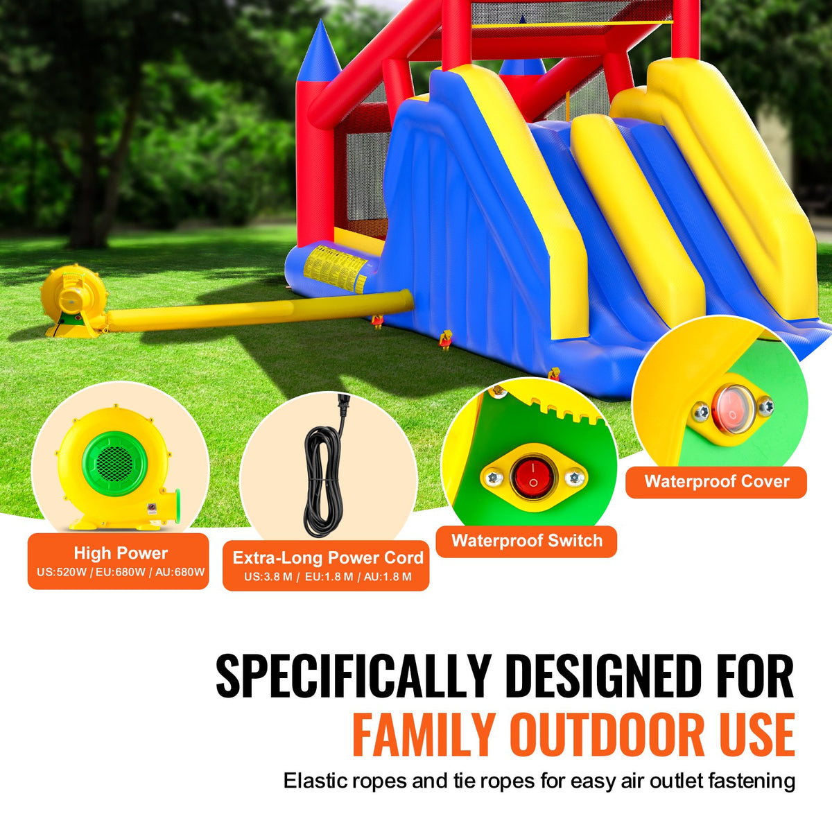 Inflatable Bounce House 4.6x2.6x2.3m | Outdoor Playhouse Trampoline with Blower, Slide & Storage Bag | Family Backyard Bouncy Castle for Kids 3-8 Years
