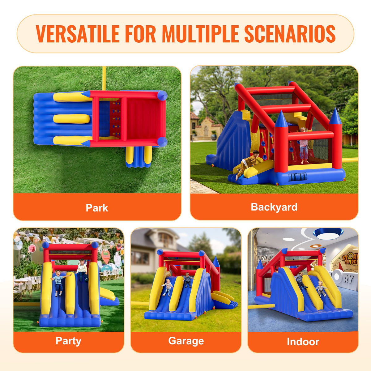 Inflatable Bounce House 4.6x2.6x2.3m | Outdoor Playhouse Trampoline with Blower, Slide & Storage Bag | Family Backyard Bouncy Castle for Kids 3-8 Years
