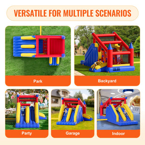 Inflatable Bounce House 4.6x2.6x2.3m | Outdoor Playhouse Trampoline with Blower, Slide & Storage Bag | Family Backyard Bouncy Castle for Kids 3-8 Years