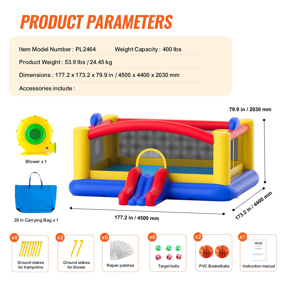 Inflatable Bounce House | 4.5x4.4x2m Outdoor Bouncy Castle with Slide & Blower | Backyard Trampoline Playhouse for Kids 3–10 Years