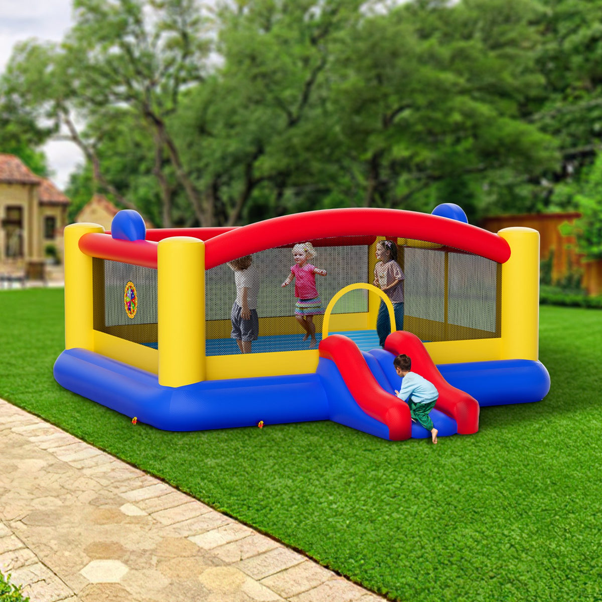 Inflatable Bounce House | 4.5x4.4x2m Outdoor Bouncy Castle with Slide & Blower | Backyard Trampoline Playhouse for Kids 3–10 Years