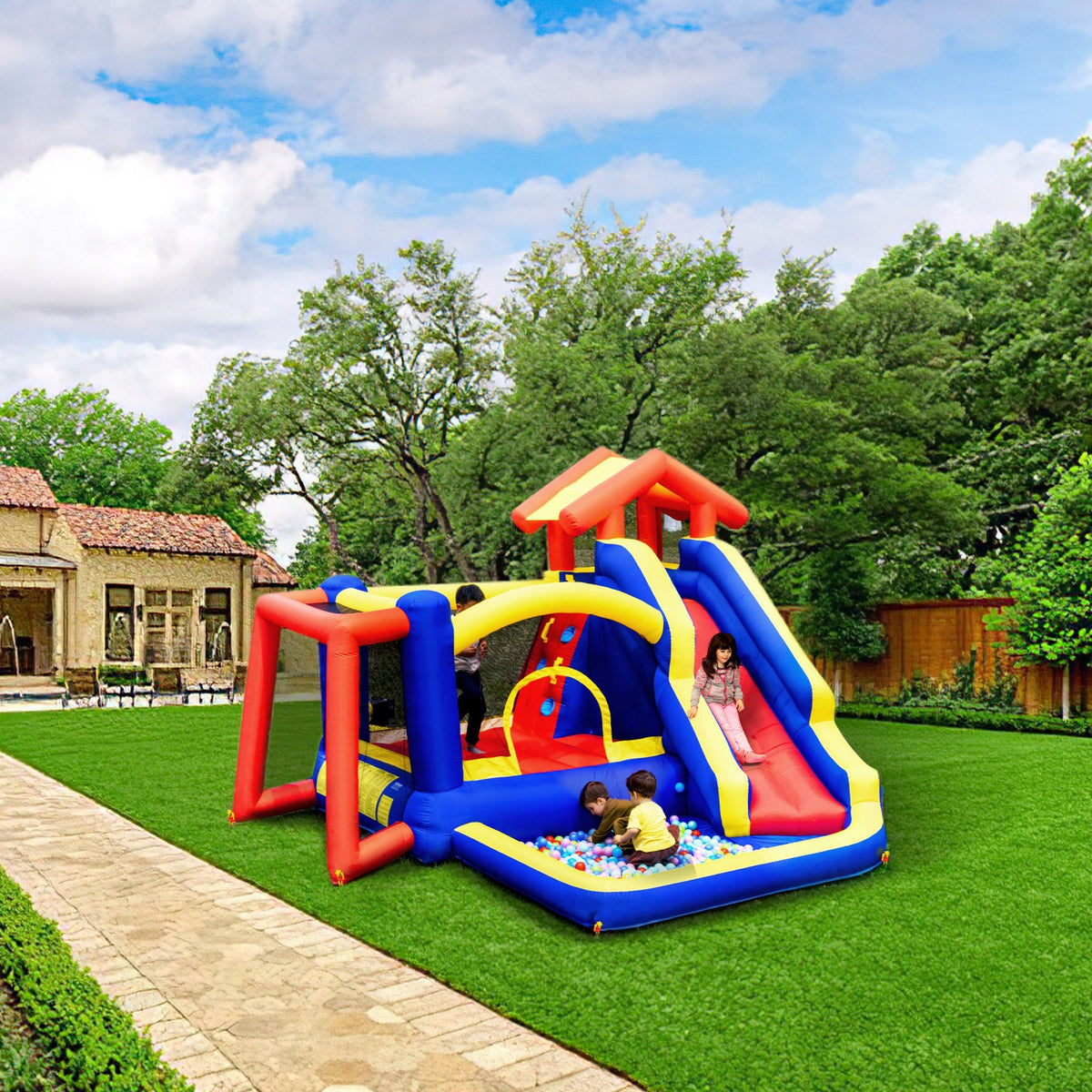 Inflatable Bounce House | 3.3x3x2.3m Outdoor Bouncy Castle with Slide & Blower | Backyard Playhouse for Kids 3–8 Years