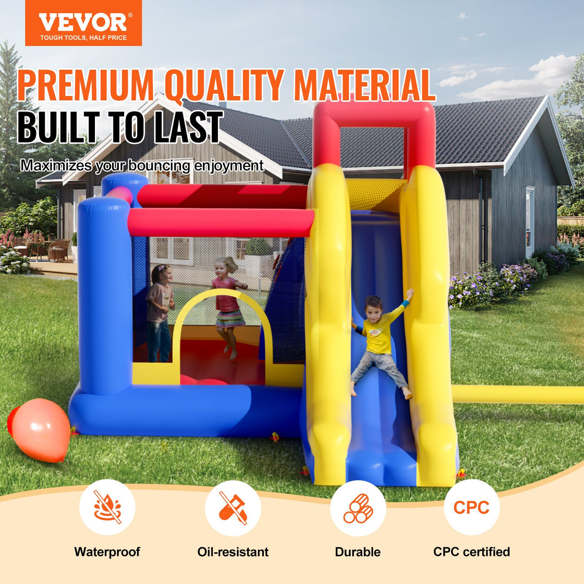 Inflatable Bounce House 3.4x2.6x2.3m | Outdoor Playhouse Trampoline with Blower, Slide & Storage Bag | Backyard Bouncy Castle for Kids 3-8 Years
