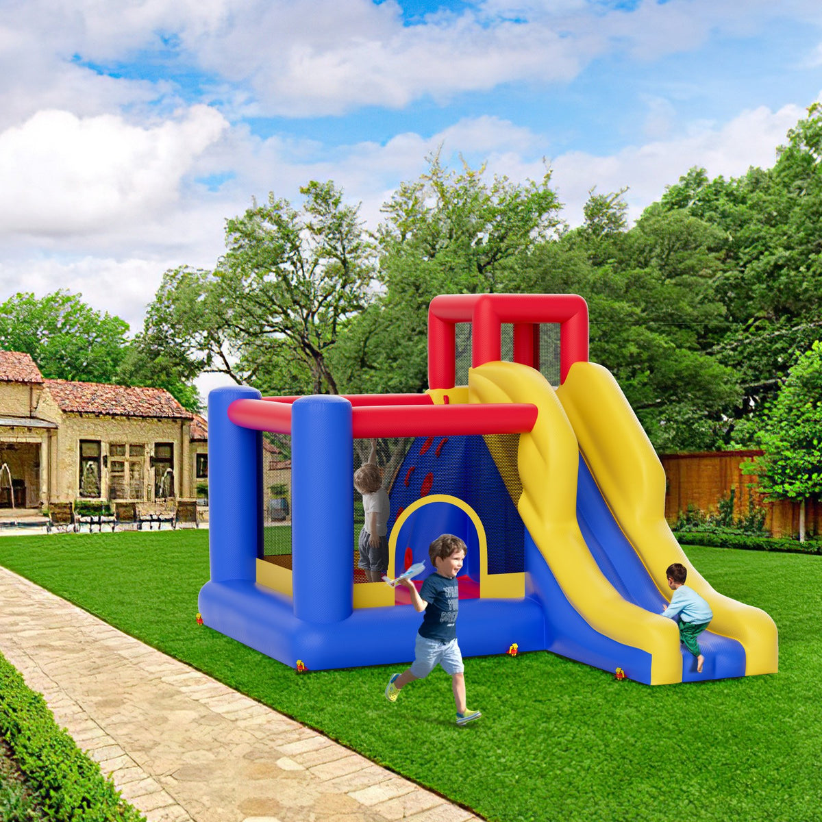 Inflatable Bounce House 3.4x2.6x2.3m | Outdoor Playhouse Trampoline with Blower, Slide & Storage Bag | Backyard Bouncy Castle for Kids 3-8 Years