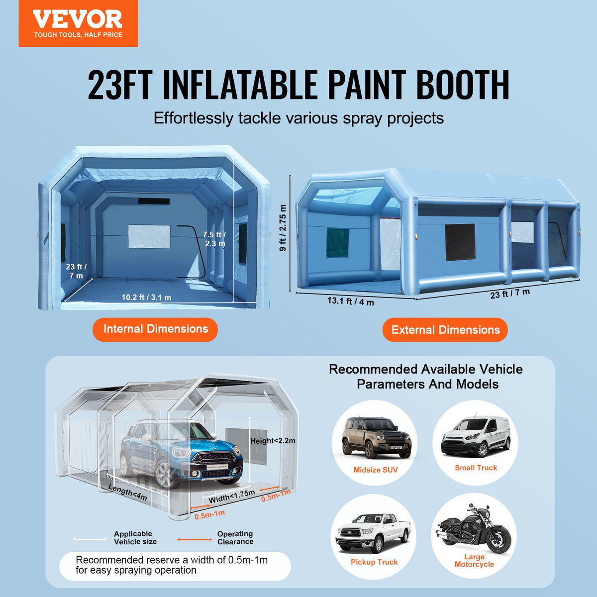 Inflatable Paint Booth 23x13.1x9FT | Includes 750W & 480W Blowers | Portable Spray Booth for Car & Furniture Painting