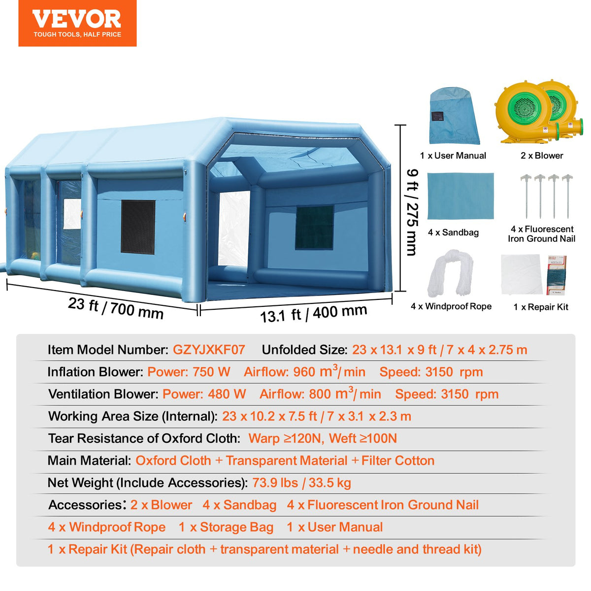 Inflatable Paint Booth 23x13.1x9FT | Includes 750W & 480W Blowers | Portable Spray Booth for Car & Furniture Painting