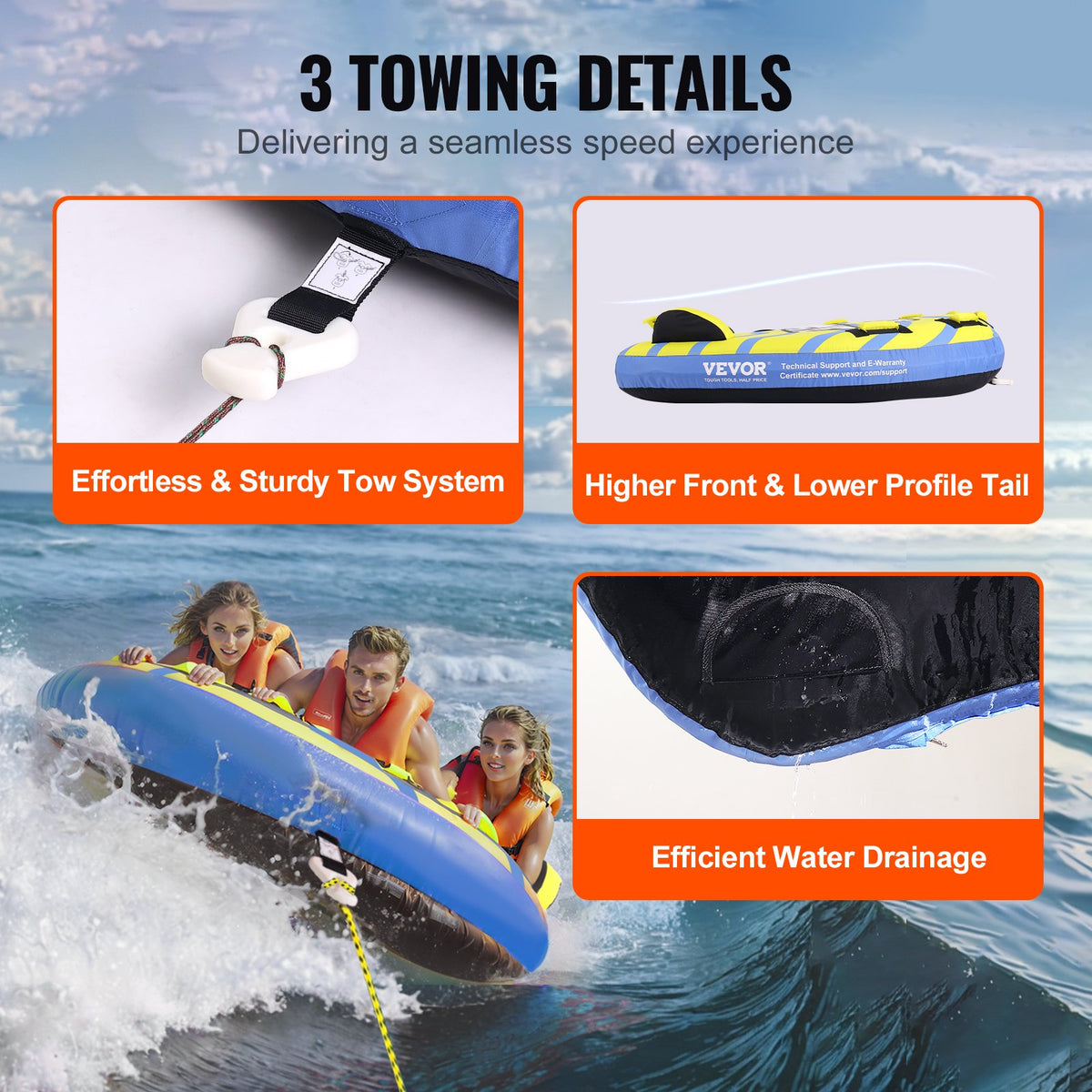 Towable Tube for Boating 1-3 Riders | 510lbs Capacity Inflatable Tube with Bumper Fins, Full Nylon Cover, EVA Handles & Speed Safety Valve | For Water Sports & Boat Towing