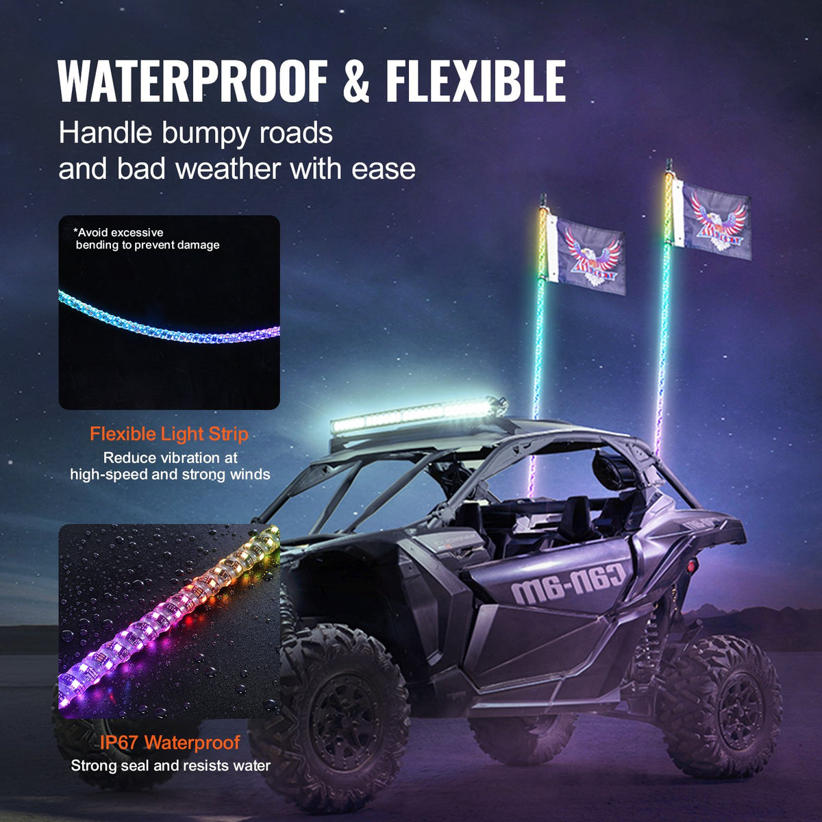 LED Whip Lights 2 Pack 5FT | APP & RF Remote Control | Waterproof RGB Chasing Whips with 4 Flags | For UTV, ATV, Off-Road & Trucks